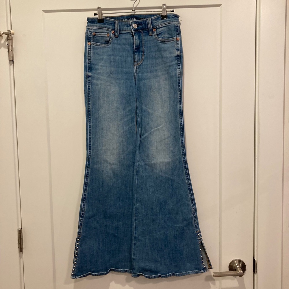 American Eagle Next Level Stretch Studded Side Slit Flare Jeans Blue 2 Short